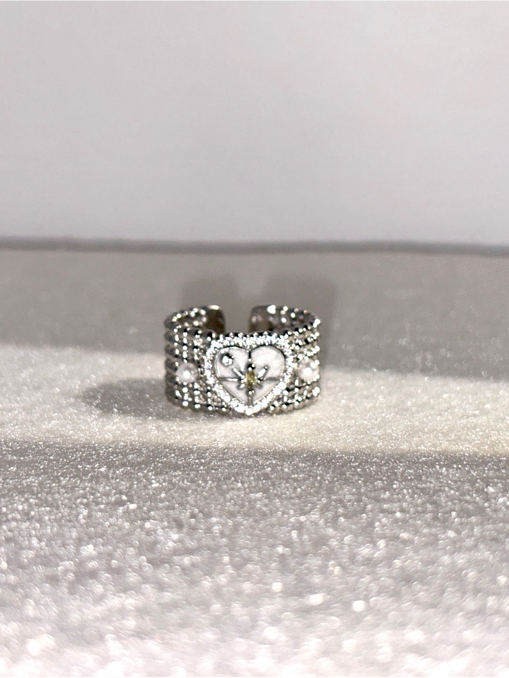 Silver-Tone Heart Flower Ring with Pearls